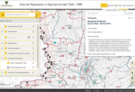 Abb. 2: Geoanwendung „Orte der Repression in Sachsen-Anhalt 1945 - 1989“, Hintergrundkarte: WebAtlasDE Graustufen (https://www.geodatenportal.sachsen-anhalt.de/gfds/de/repressionsorte.html, 01.02.2022)