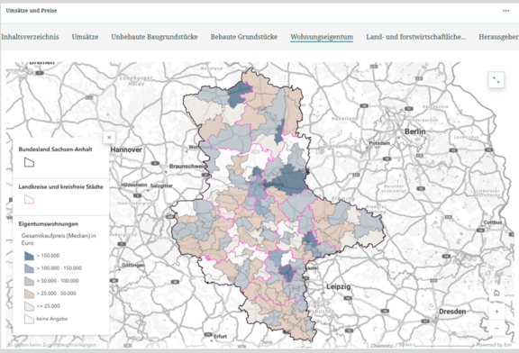 Abb. 3: StoryMap „Grundstücksmarktinformationen 2025 – Umsätze und Preise“ Webkarte mit Auswertung des Wohnungseigentums (https://lsaurl.de/Grundstuecksmarktinformationen, 29.08.2025)
