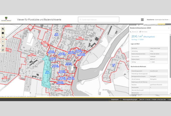 Abb. 1: Anzeige der zonalen BRW im Viewer für Flurstücke und Bodenrichtwerte (https://www.geodatenportal.sachsen-anhalt.de/mapapps/resources/apps/GeobasisViewer/index.html, 01.09.2025))