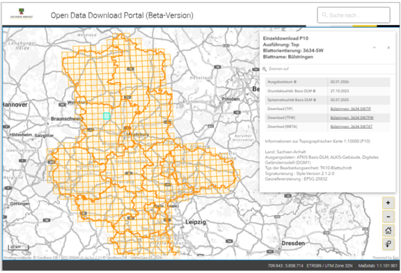 Abb. 1: Startseite Open Data Download Portal (Beta-Version) für Produkt P10 TOP (https://www.geodatenportal.sachsen-anhalt.de/mapapps/resources/apps/ opendatadownload/index.html?lang=de&l=p10_top, 20.07.2026) Abb. 1: Startseite Open Data Download Portal (Beta-Version) für Produkt P10 TOP (https://www.geodatenportal.sachsen-anhalt.de/mapapps/resources/apps/ opendatadownload/index.html?lang=de&l=p10_top, 20.07.2026)